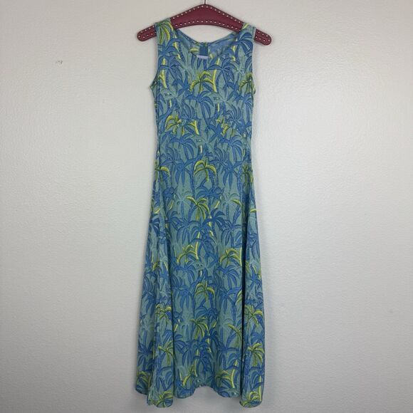Rainbow Jo Tropical Palm Tree Print Sleeveless A-Line Midi Dress Green Blue XS - Picture 1 of 15